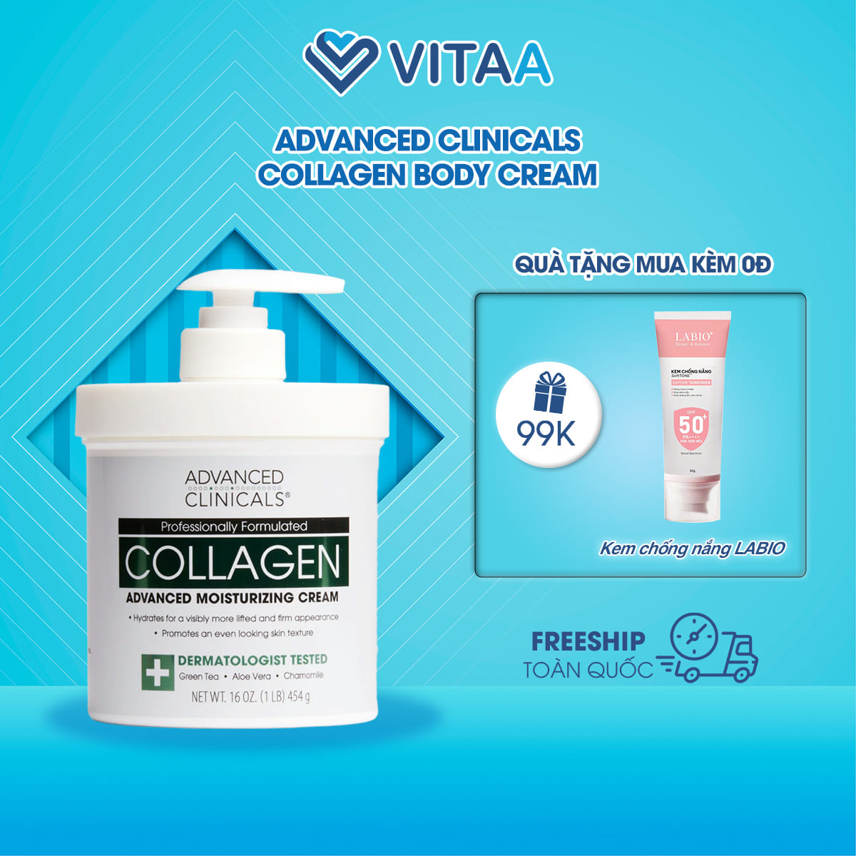 Kem dưỡng thể Advanced Clinicals Collagen Skin Rescue Cream 454g