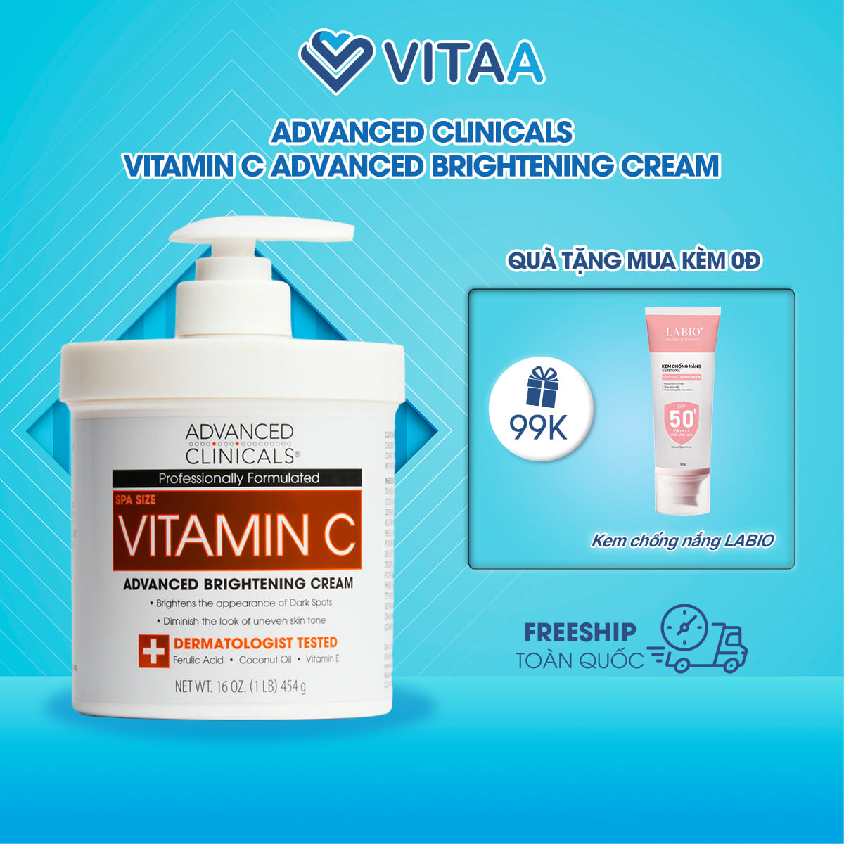 Kem dưỡng sáng da body Advanced Clinicals Vitamin C 454g