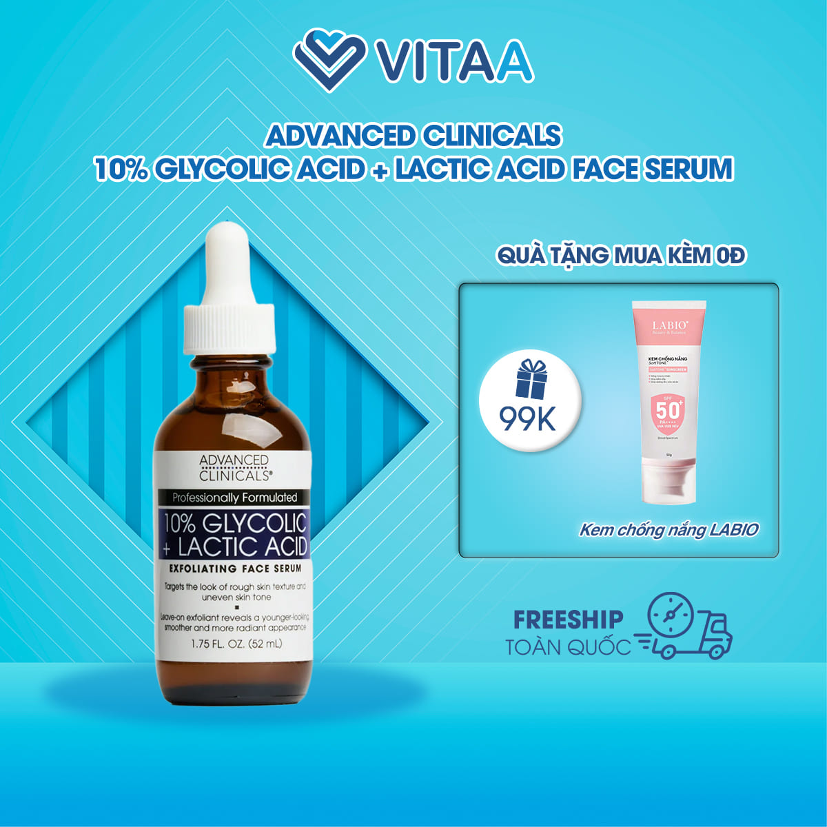 Tẩy tế bào chết mặt Advanced Clinicals 10% Glycolic + Lactic Acid Serum 52ml