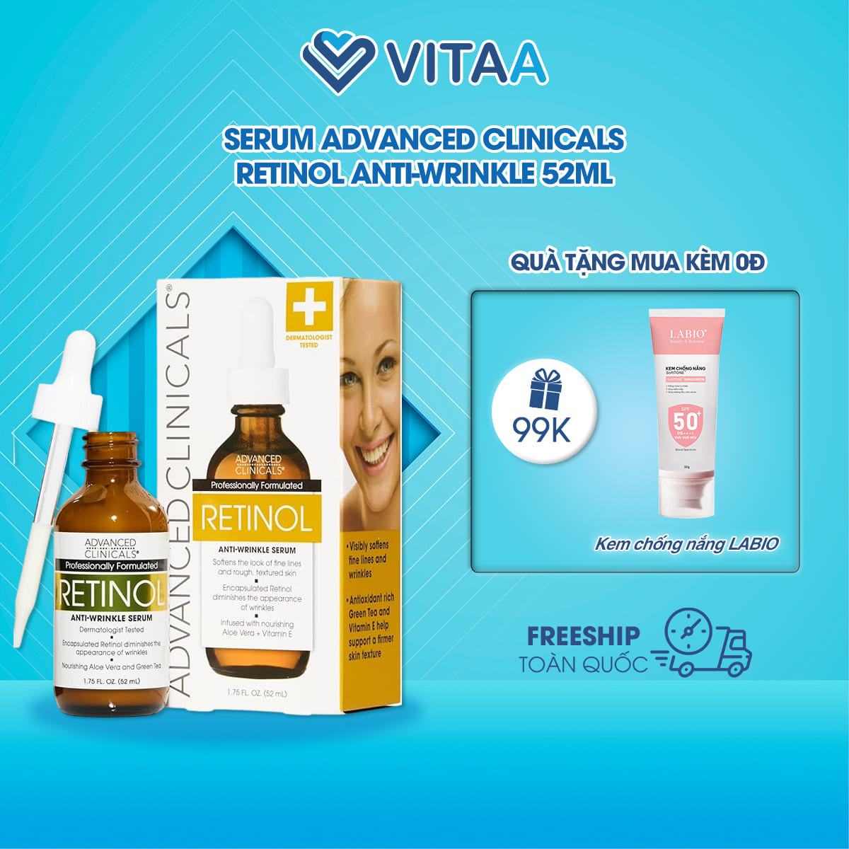 Serum chống lão hóa Advanced Clinicals Retinol Anti-Wrinkle 52ml
